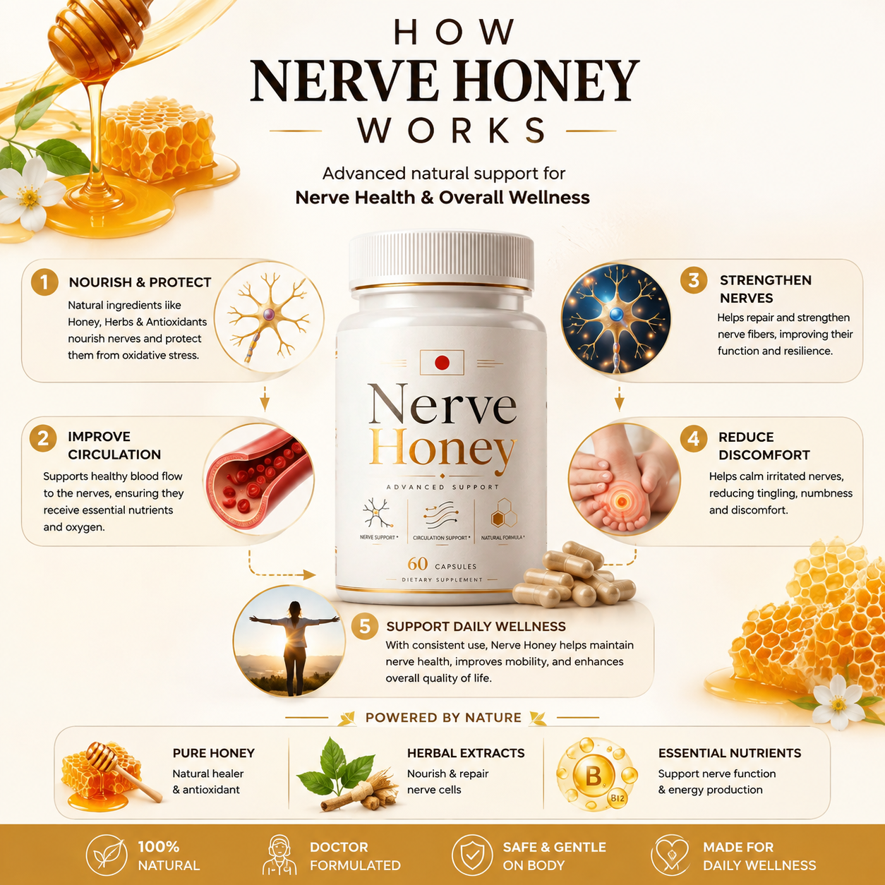 How Nerve Honey works: cell protection, nerve calming, overall wellness